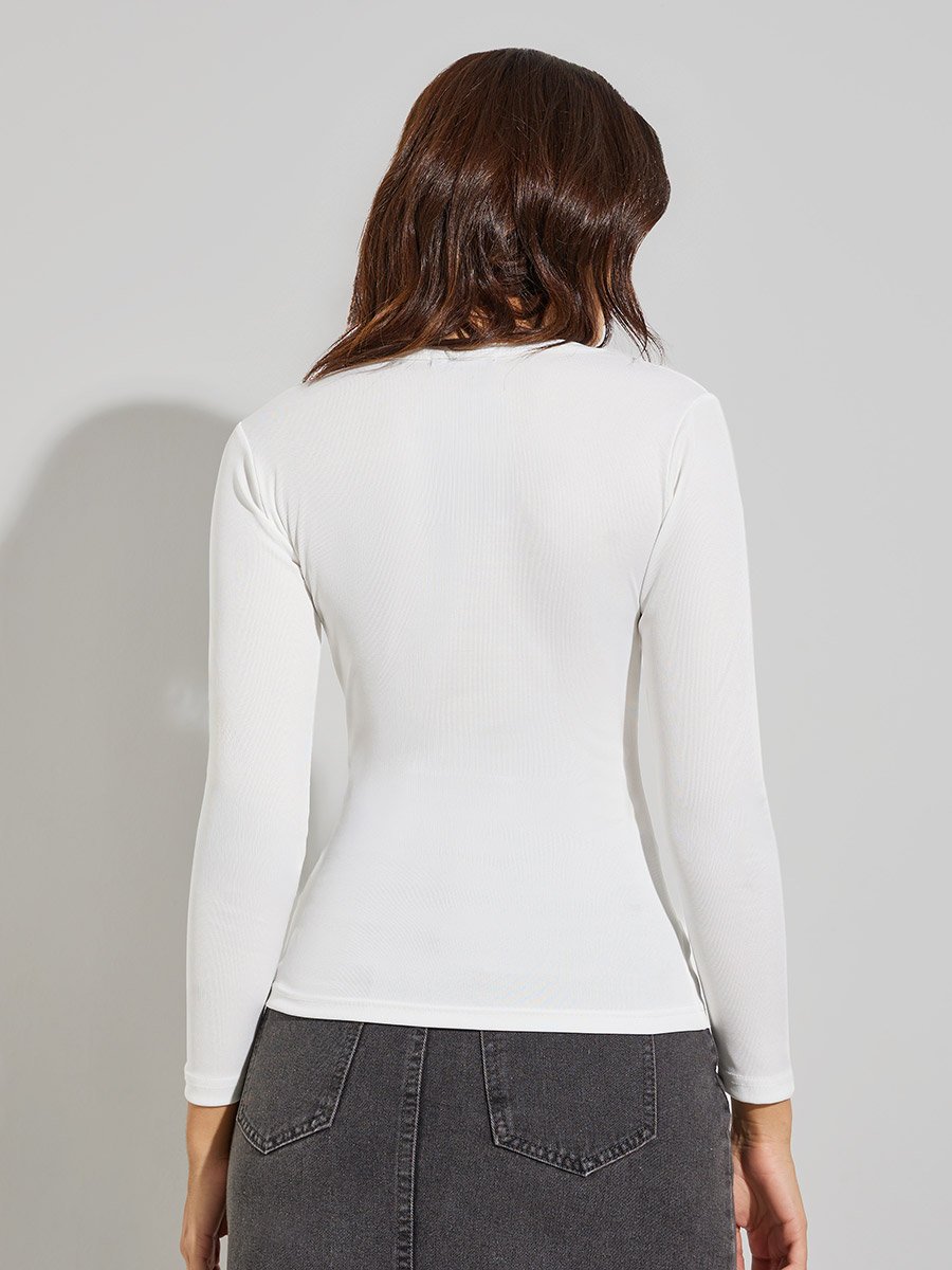 White Round Neck Ribbed Knit Top
