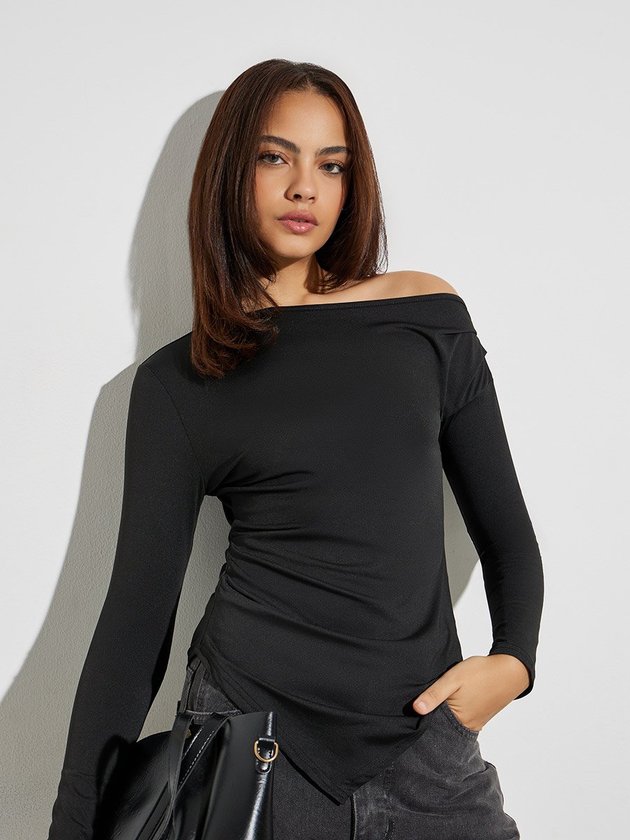 Black Asymmetric Shoulder Long Sleeve Top