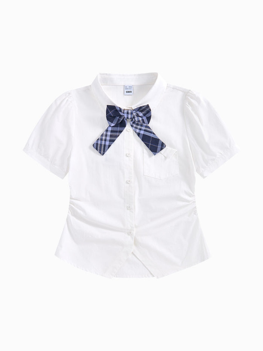 Women Solid Short Sleeve Shirt with Checked Ribbon Bow