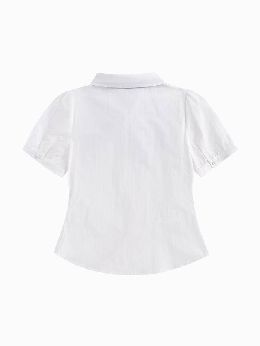 Women Solid Short Sleeve Shirt with Checked Ribbon Bow
