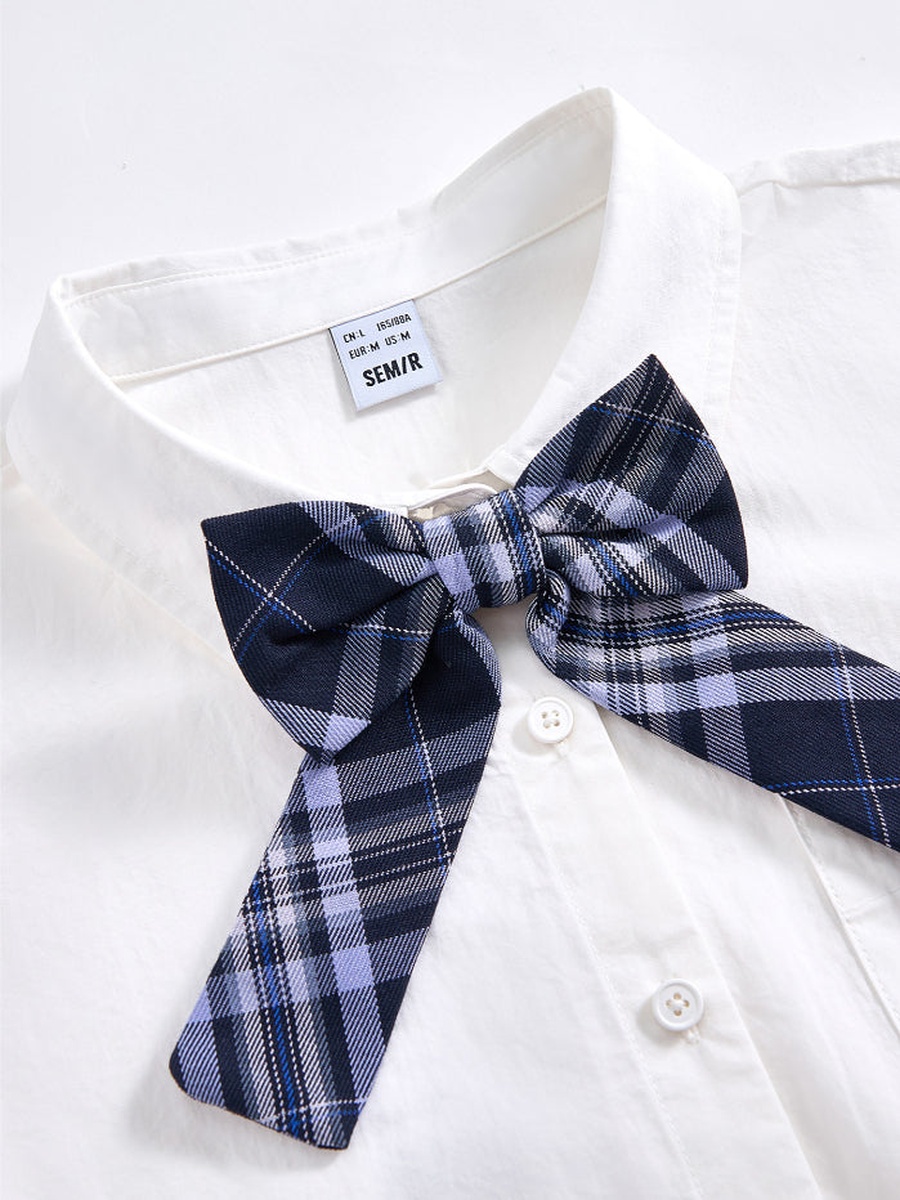 Women Solid Short Sleeve Shirt with Checked Ribbon Bow