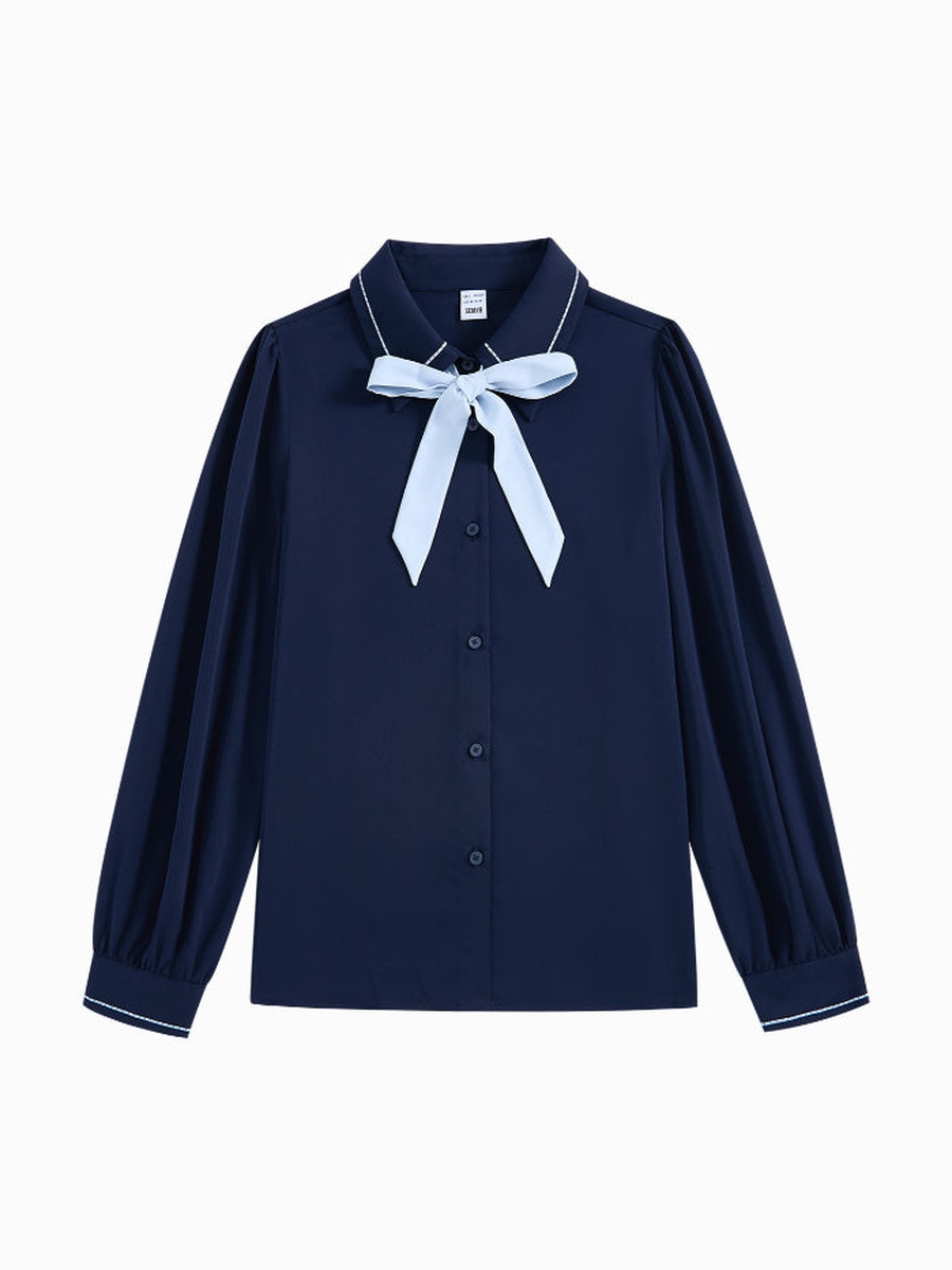 Women Embroidered Cuffed Long Sleeve Shirt with Contrast Ribbon Bow