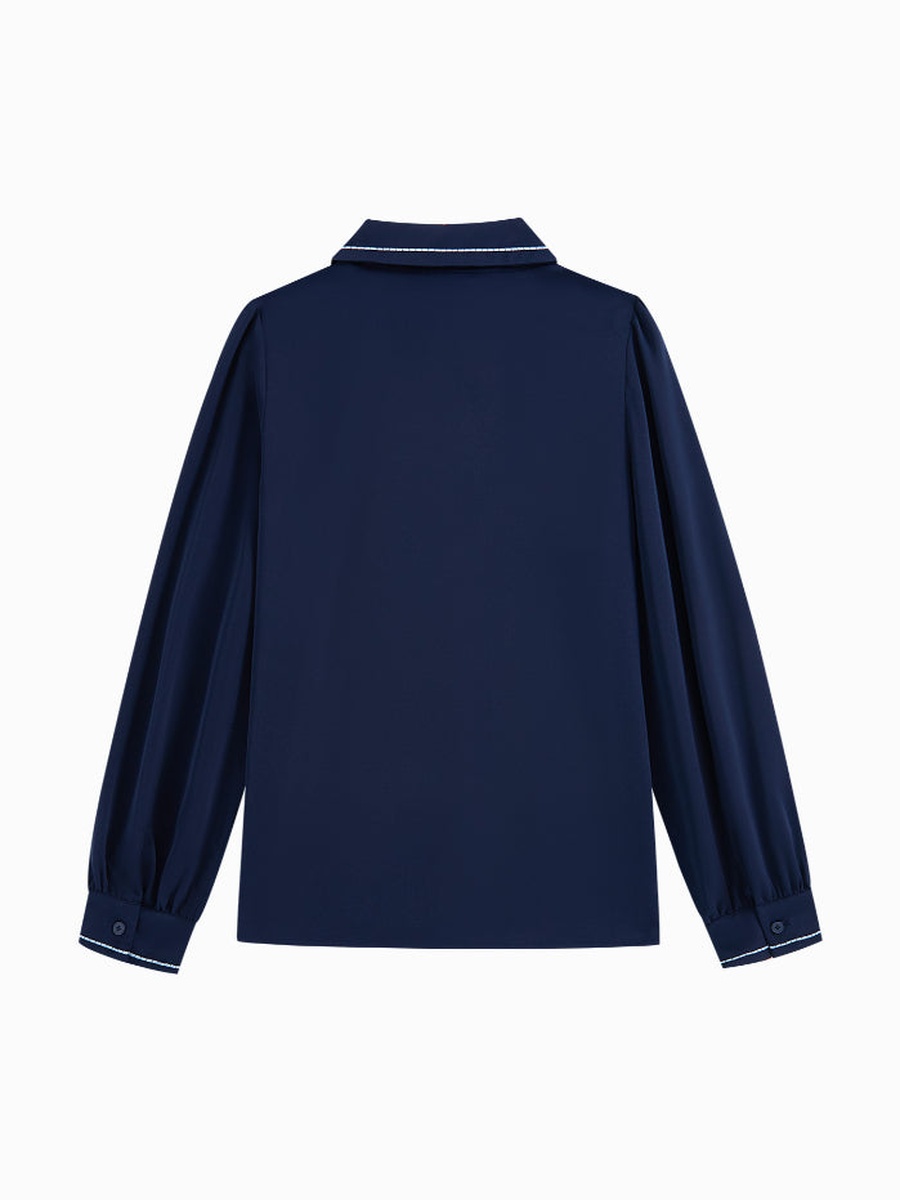 Women Embroidered Cuffed Long Sleeve Shirt with Contrast Ribbon Bow