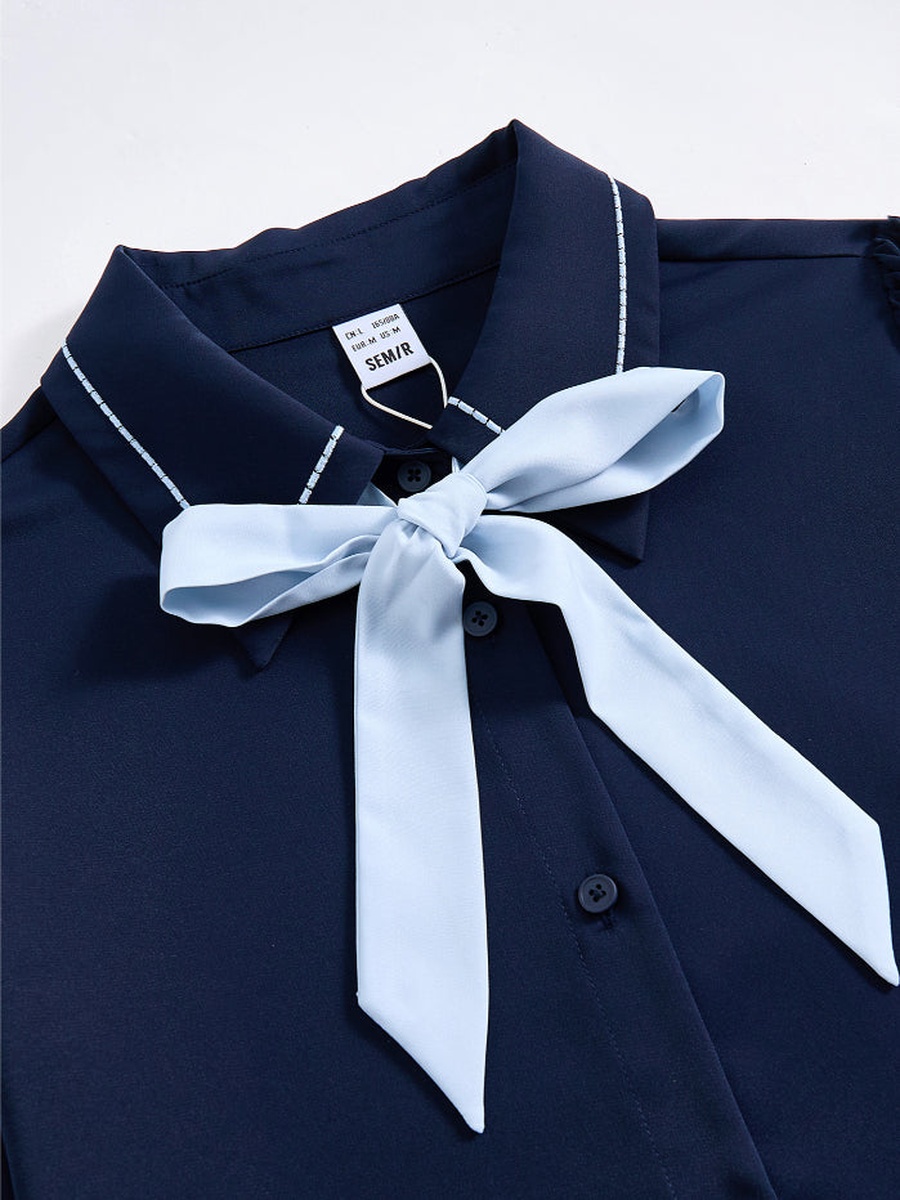 Women Embroidered Cuffed Long Sleeve Shirt with Contrast Ribbon Bow