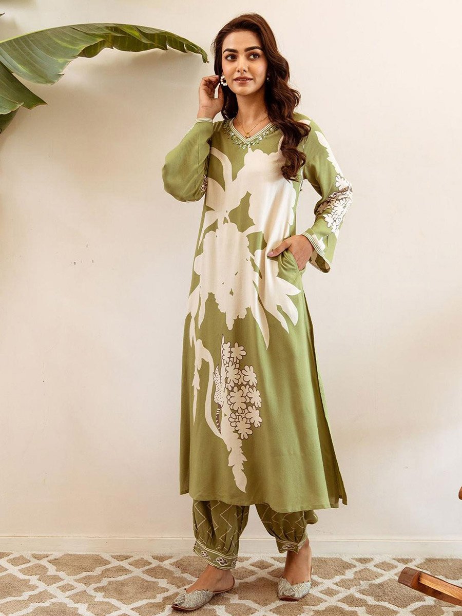 Green 100% Cotton Printed Straight Fit Kurta Set