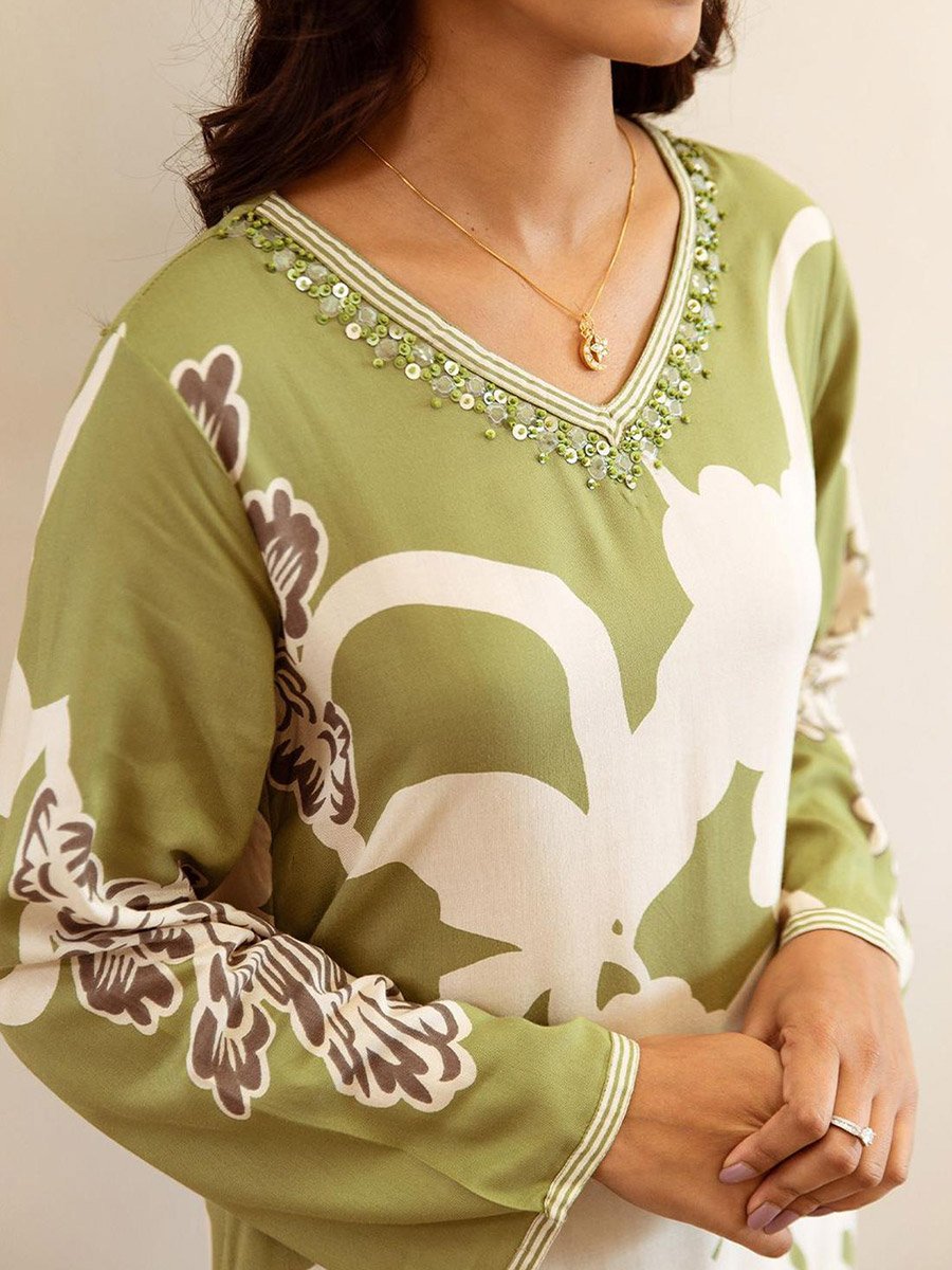 Green 100% Cotton Printed Straight Fit Kurta Set