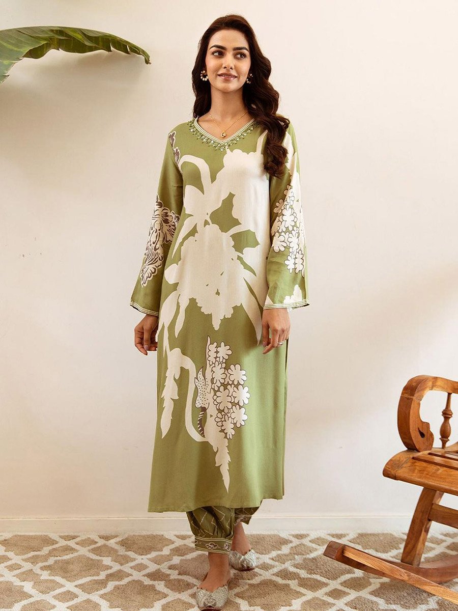 Green 100% Cotton Printed Straight Fit Kurta Set