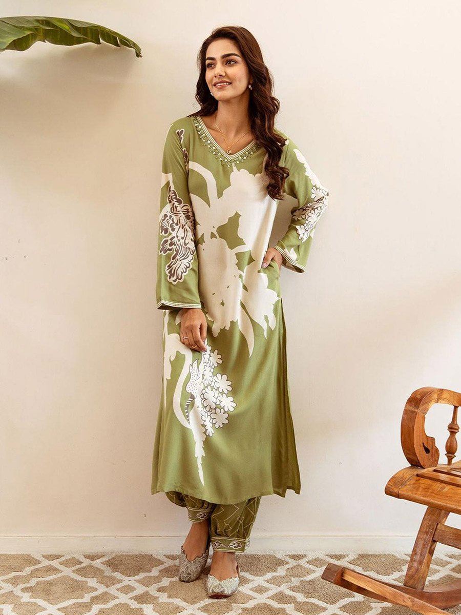 Green 100% Cotton Printed Straight Fit Kurta Set
