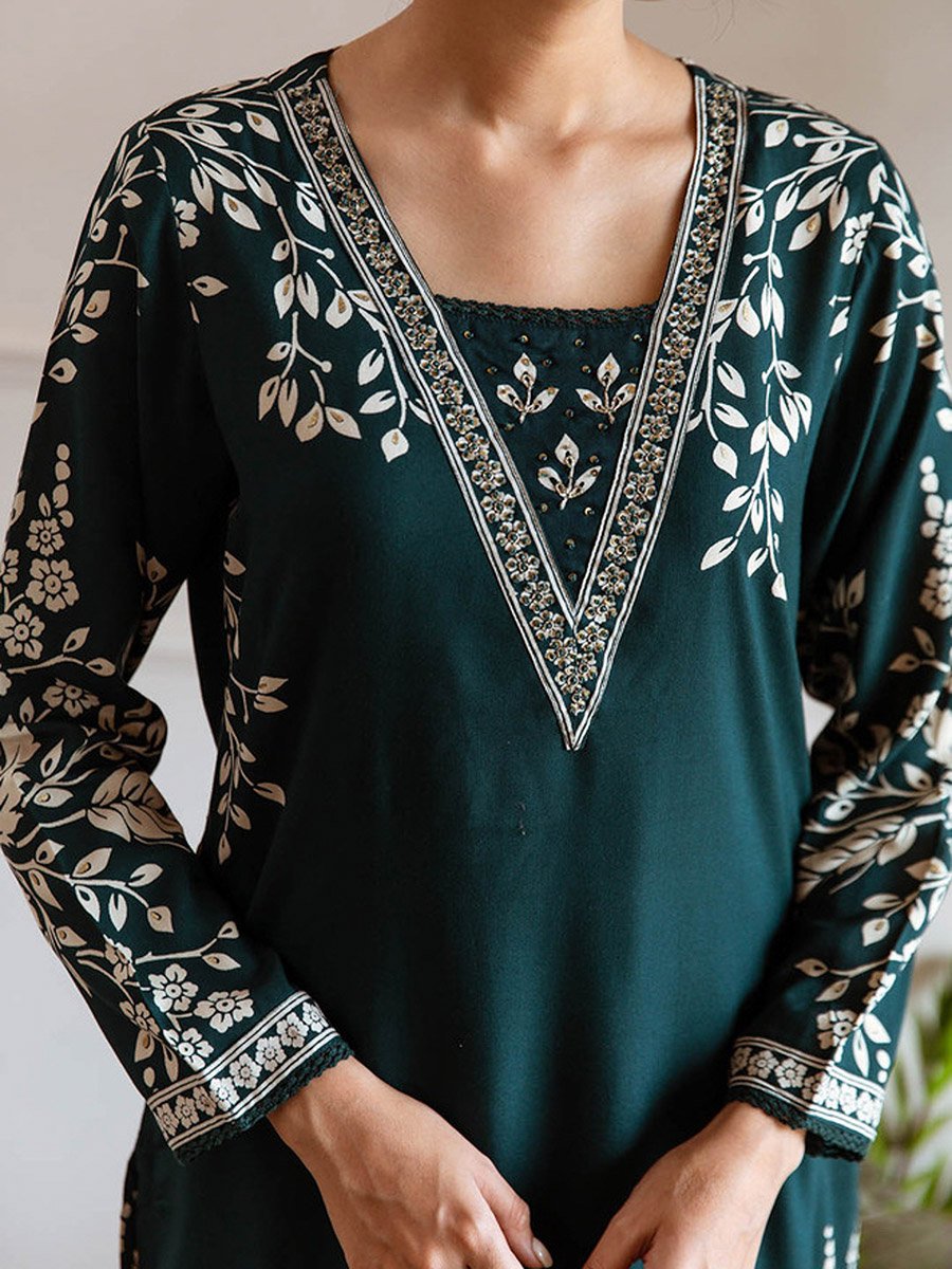 Green 100% Cotton Printed A-Line Kurta Set