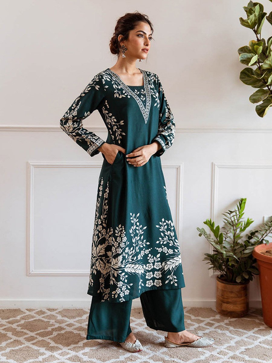Green 100% Cotton Printed A-Line Kurta Set