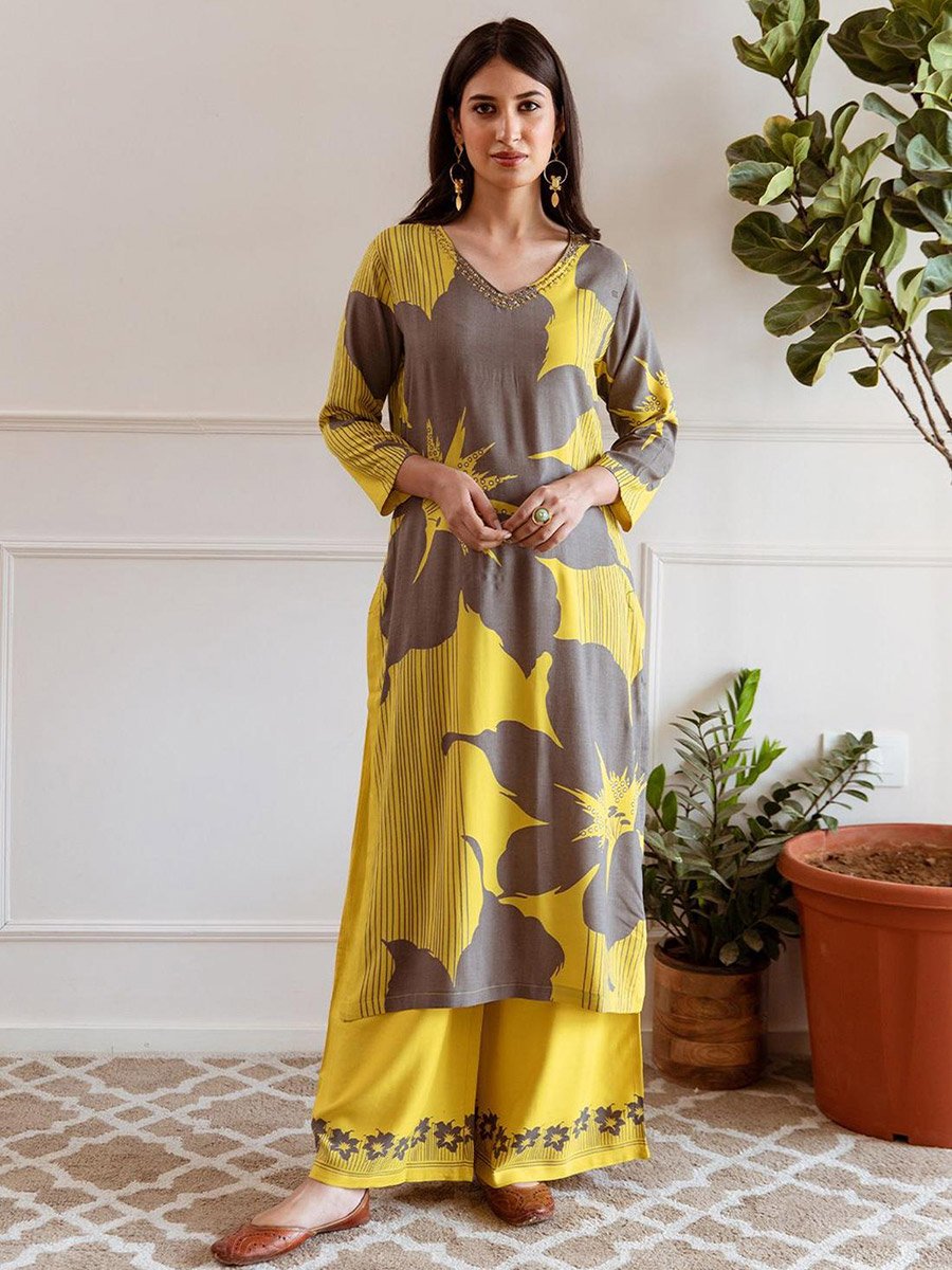 Yellow 100% Cotton Printed Straight Fit Kurta Set