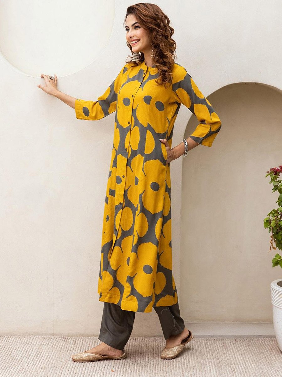 Yellow 100% Cotton Printed Straight Fit Kurta Set