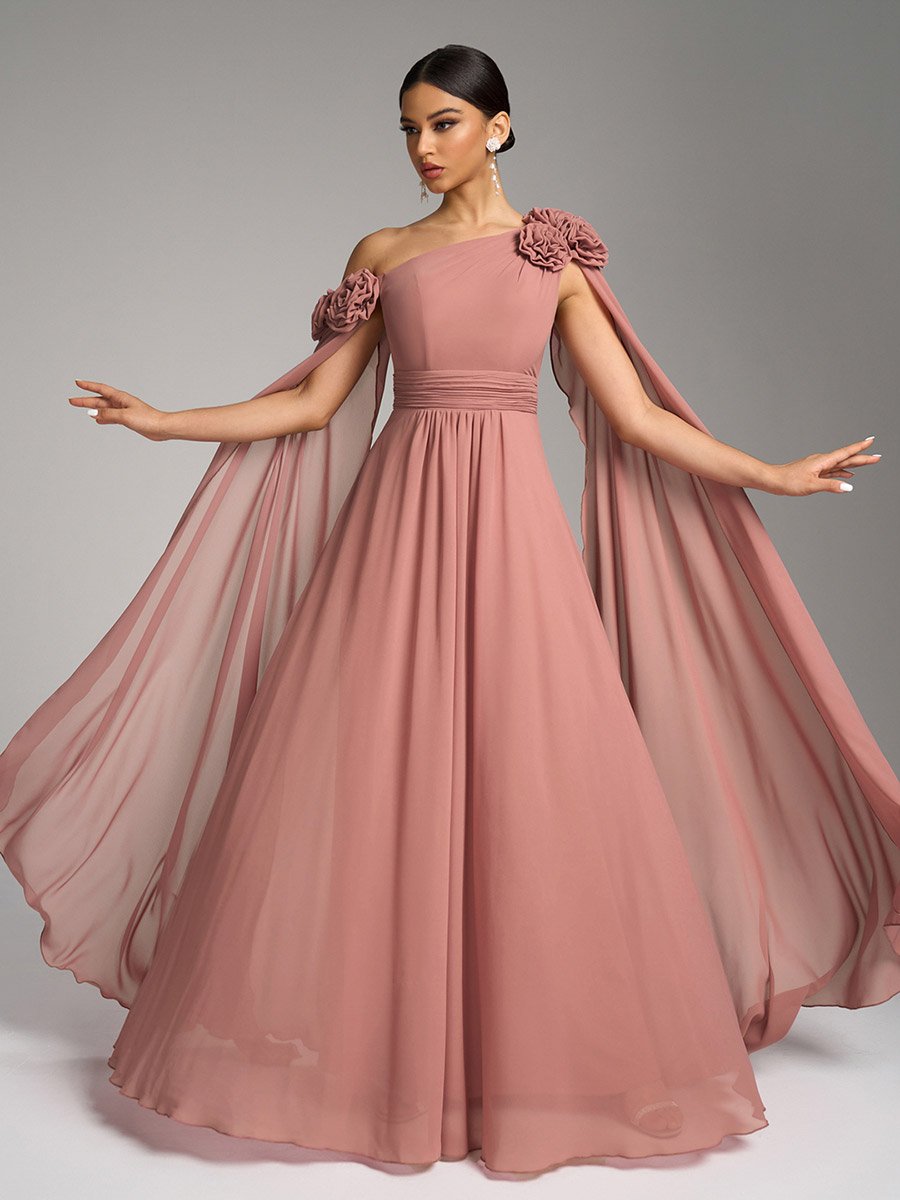 Pink Floral Cape Sleeves Maxi Dress