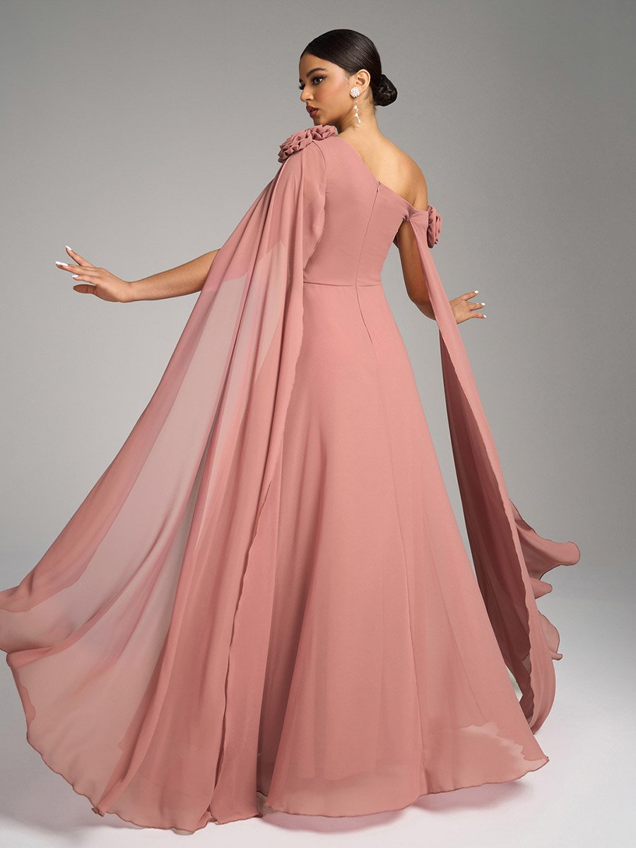Pink Floral Cape Sleeves Maxi Dress