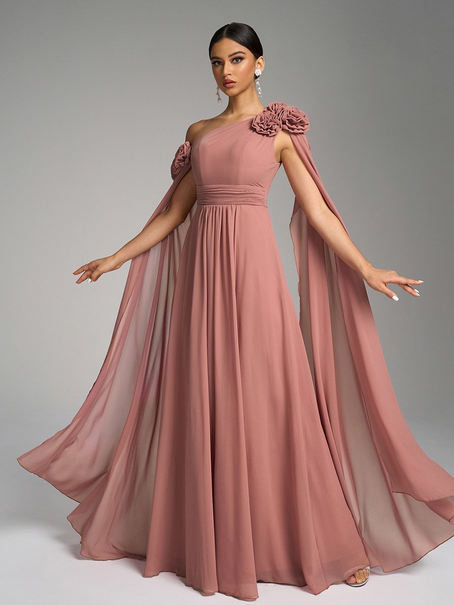 Pink Floral Cape Sleeves Maxi Dress