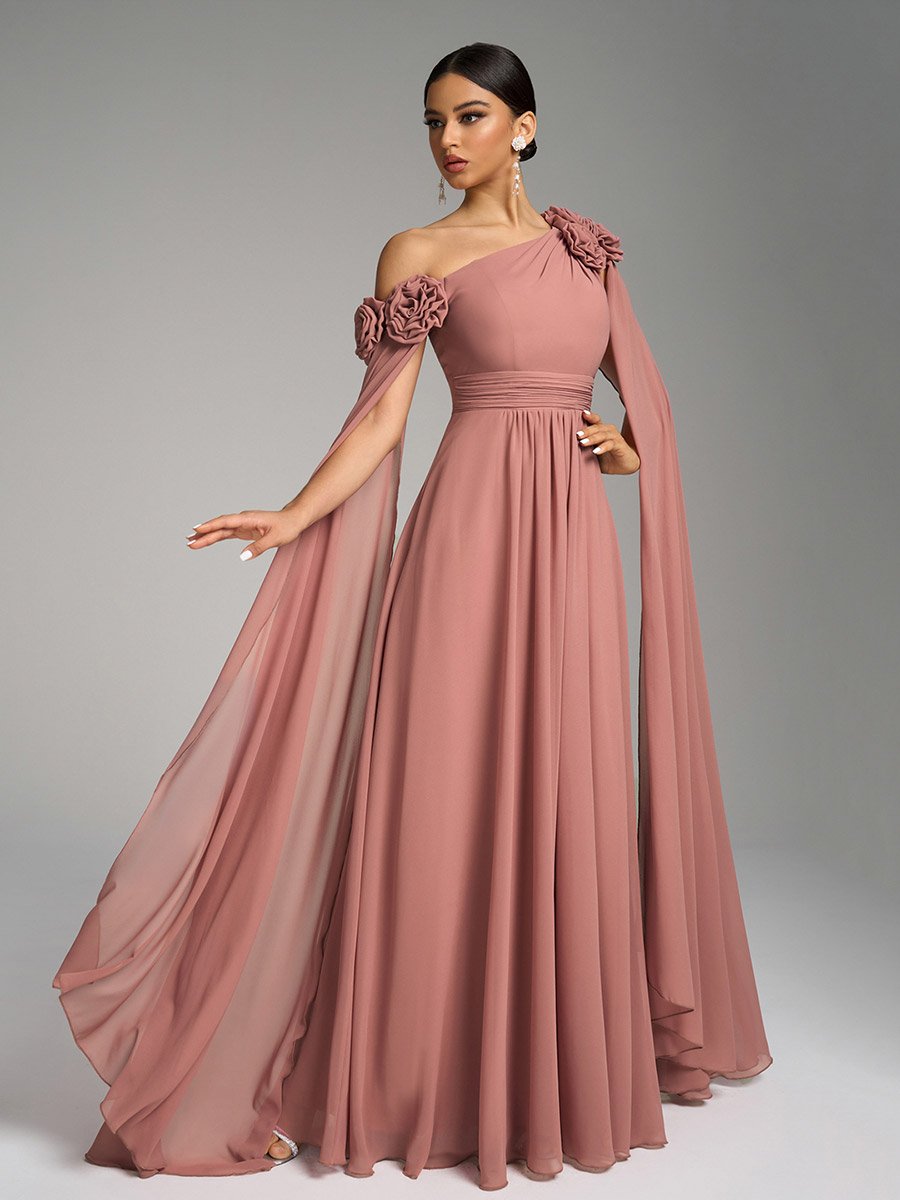 Pink Floral Cape Sleeves Maxi Dress
