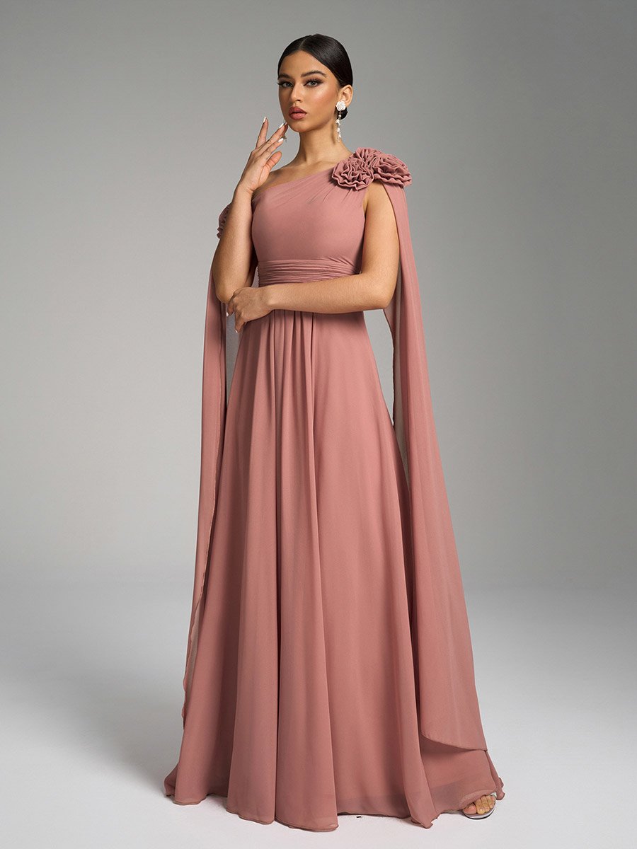Pink Floral Cape Sleeves Maxi Dress
