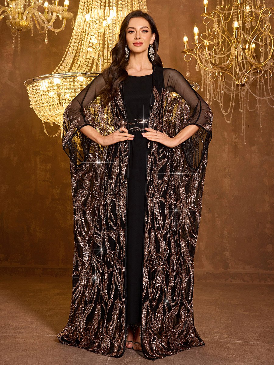 Sequin Detail Batwing Sleeve Kimono with Inner Maxi Dress Set