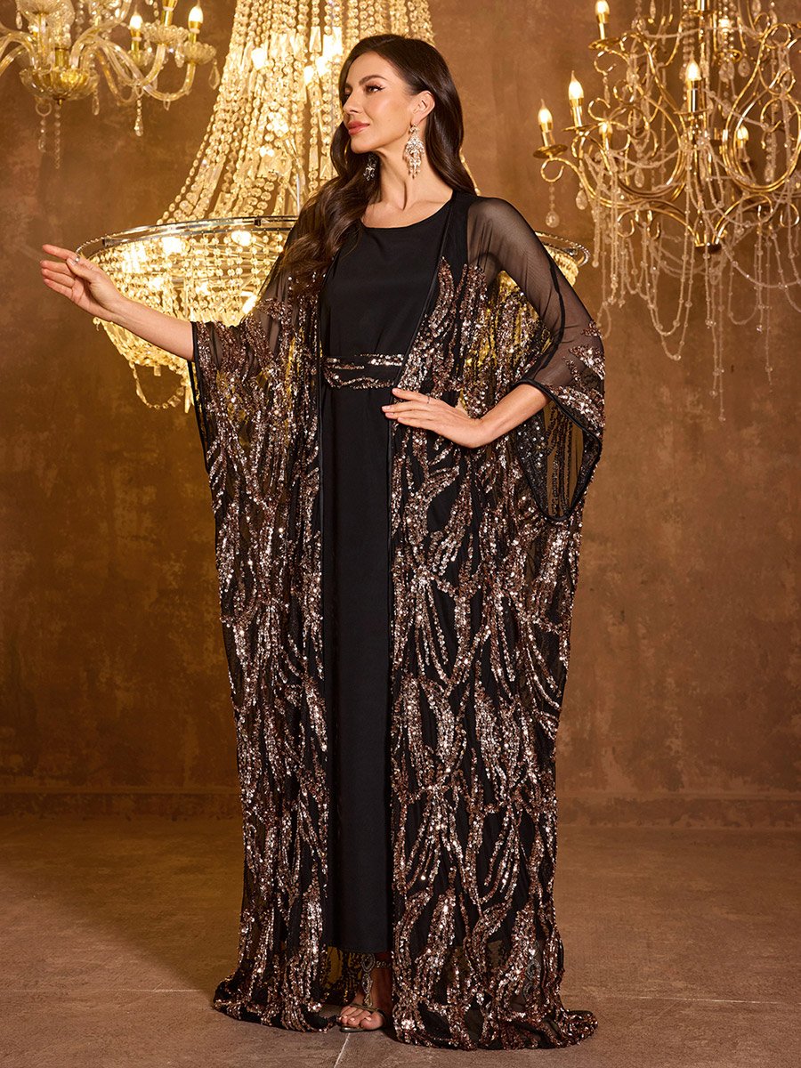Sequin Detail Batwing Sleeve Kimono with Inner Maxi Dress Set