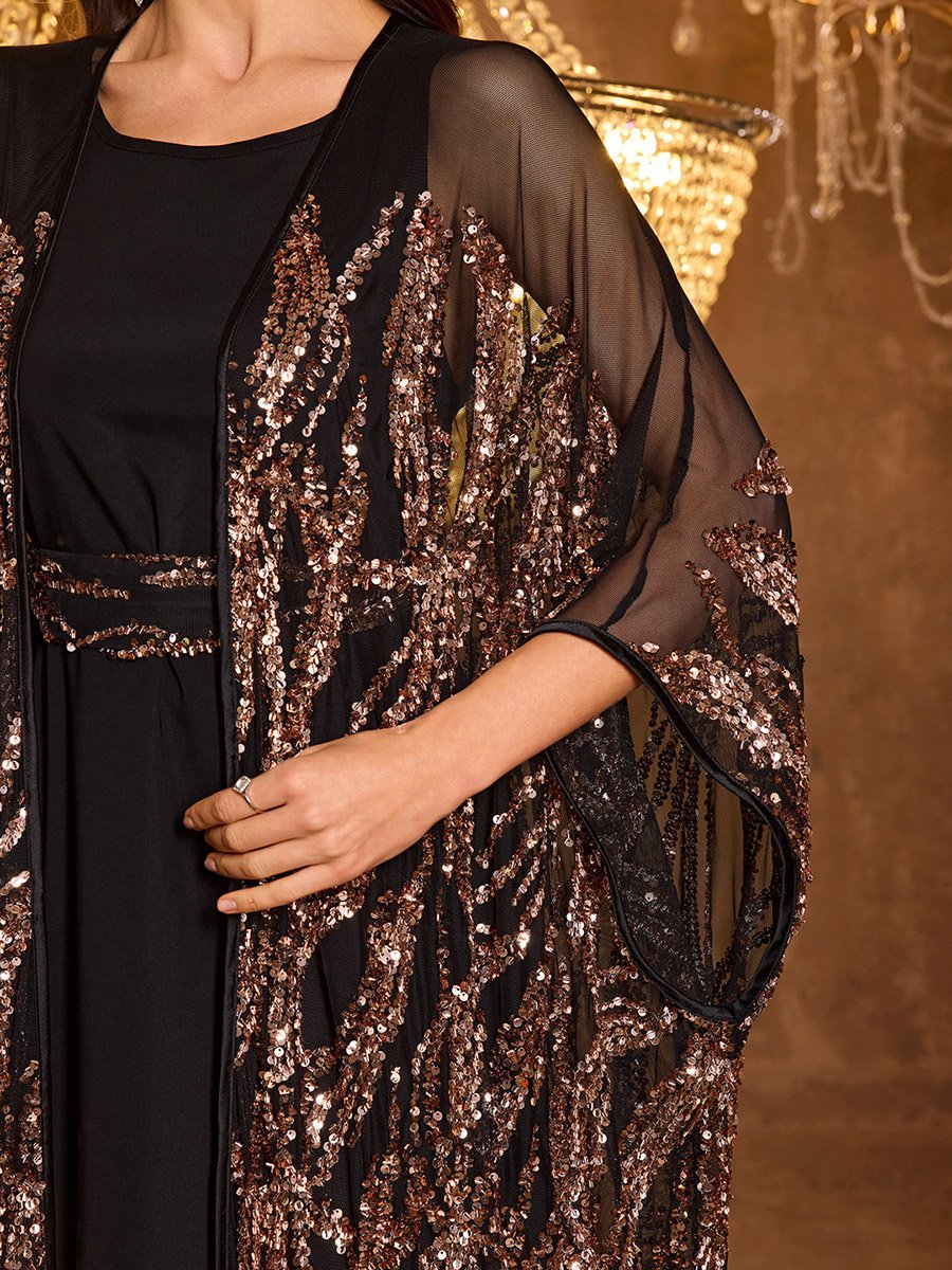 Sequin Detail Batwing Sleeve Kimono with Inner Maxi Dress Set