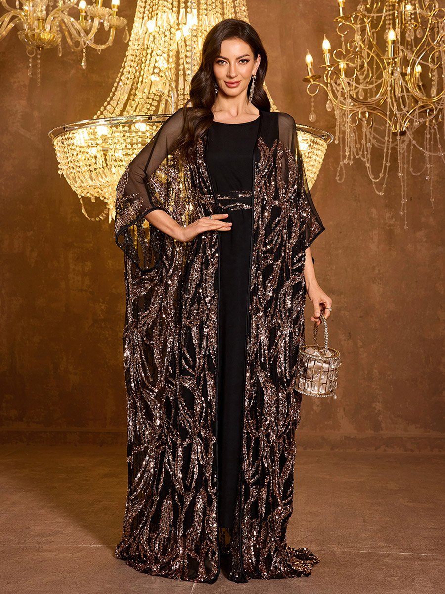 Sequin Detail Batwing Sleeve Kimono with Inner Maxi Dress Set