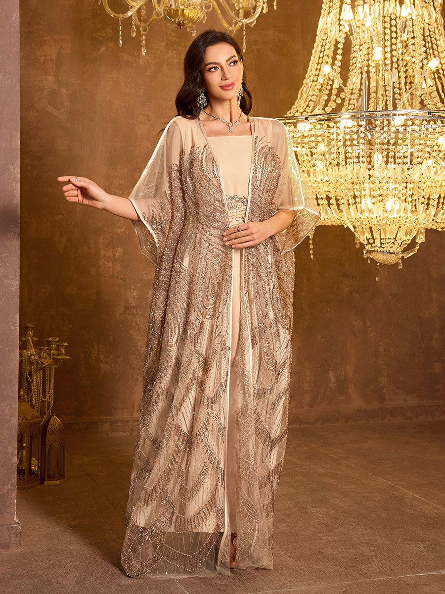 beige kimono dress Long beige kimono with tribal geometric pattern – UNKIMONO® main image 0