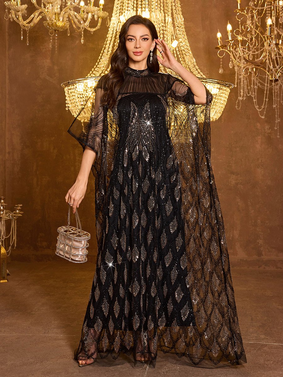 Sequin Detail Batwing Sleeve Maxi Kaftan with Inner Dress Set