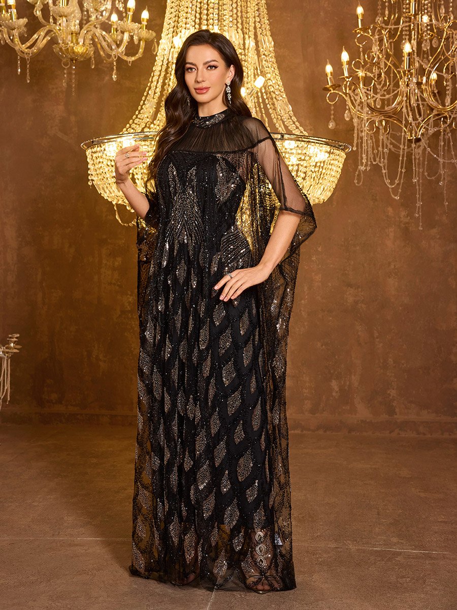 Sequin Detail Batwing Sleeve Maxi Kaftan with Inner Dress Set
