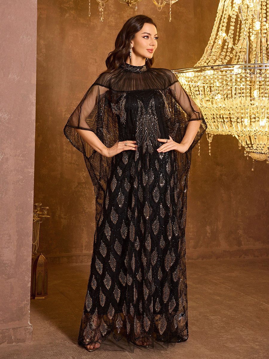 Sequin Detail Batwing Sleeve Maxi Kaftan with Inner Dress Set