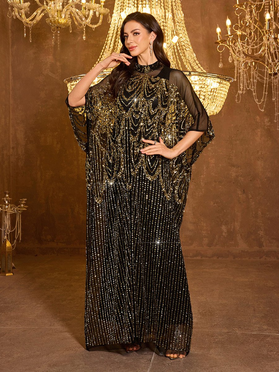 Black Sequin Batwing Sleeves Kaftan Dress with Maxi Dress Set