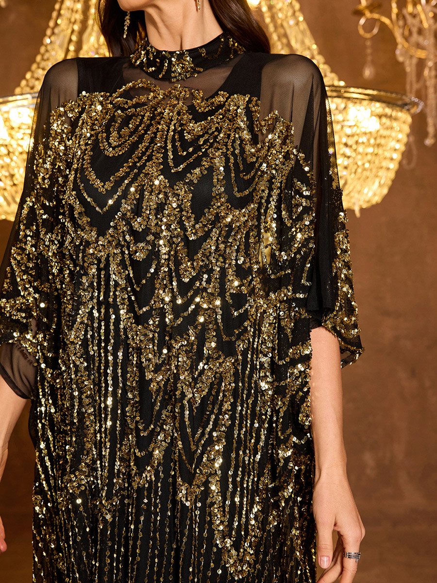 Black Sequin Batwing Sleeves Kaftan Dress with Maxi Dress Set