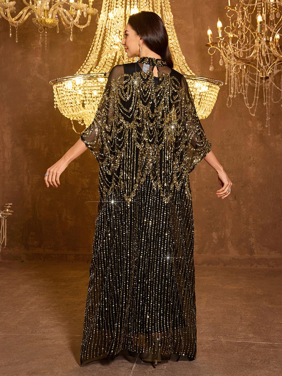 Black Sequin Batwing Sleeves Kaftan Dress with Maxi Dress Set