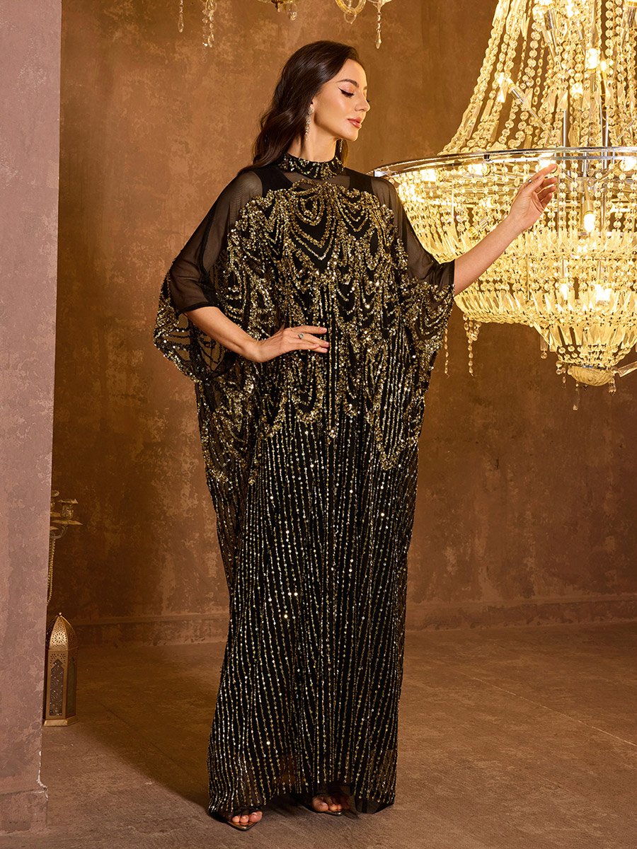 Black Sequin Batwing Sleeves Kaftan Dress with Maxi Dress Set