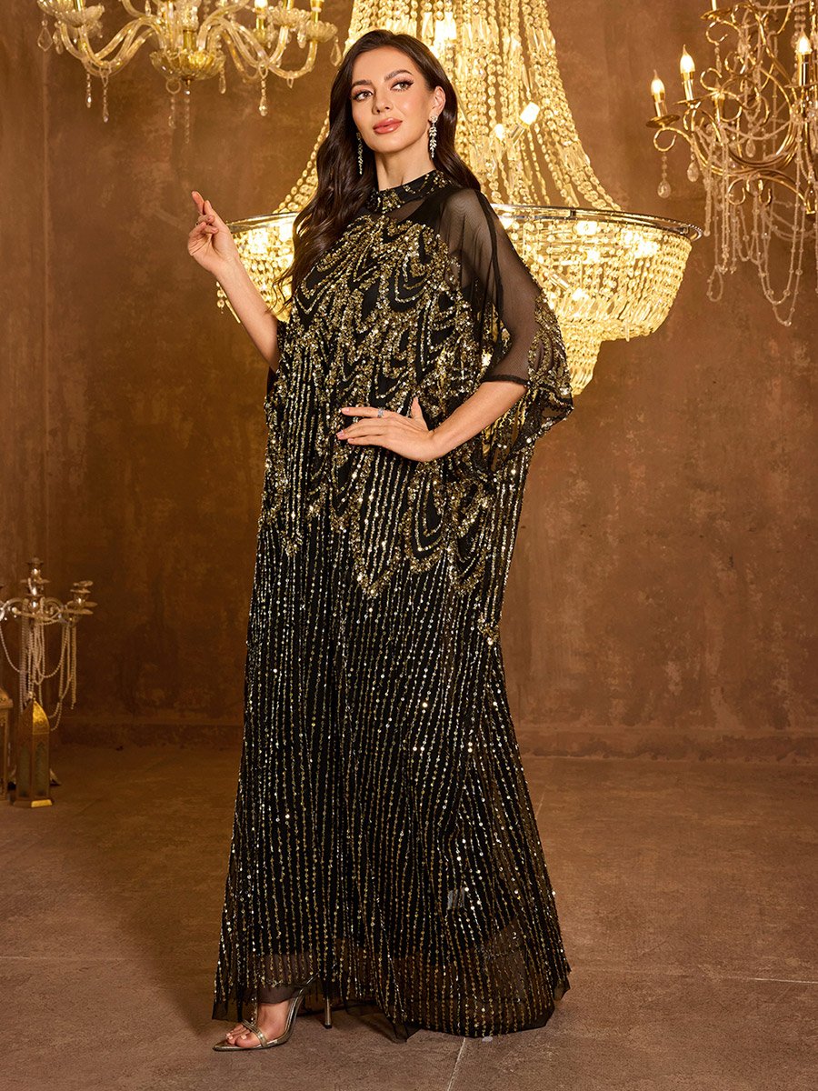 Black Sequin Batwing Sleeves Kaftan Dress with Maxi Dress Set