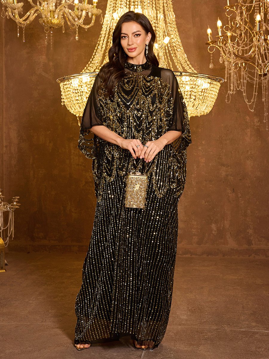 Black Sequin Batwing Sleeves Kaftan Dress with Maxi Dress Set