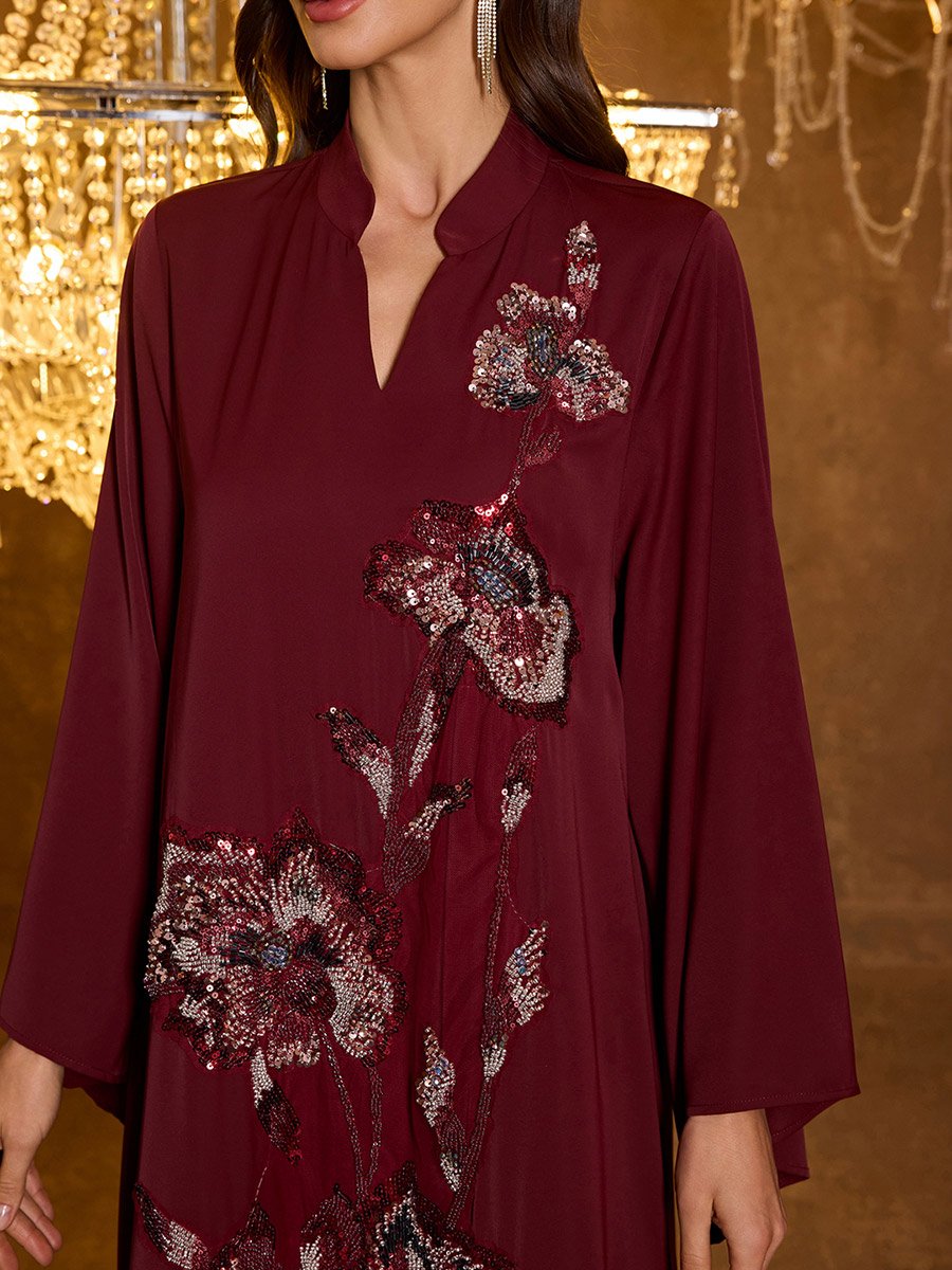Burgundy Floral Embroidery A-Line Jalabiya