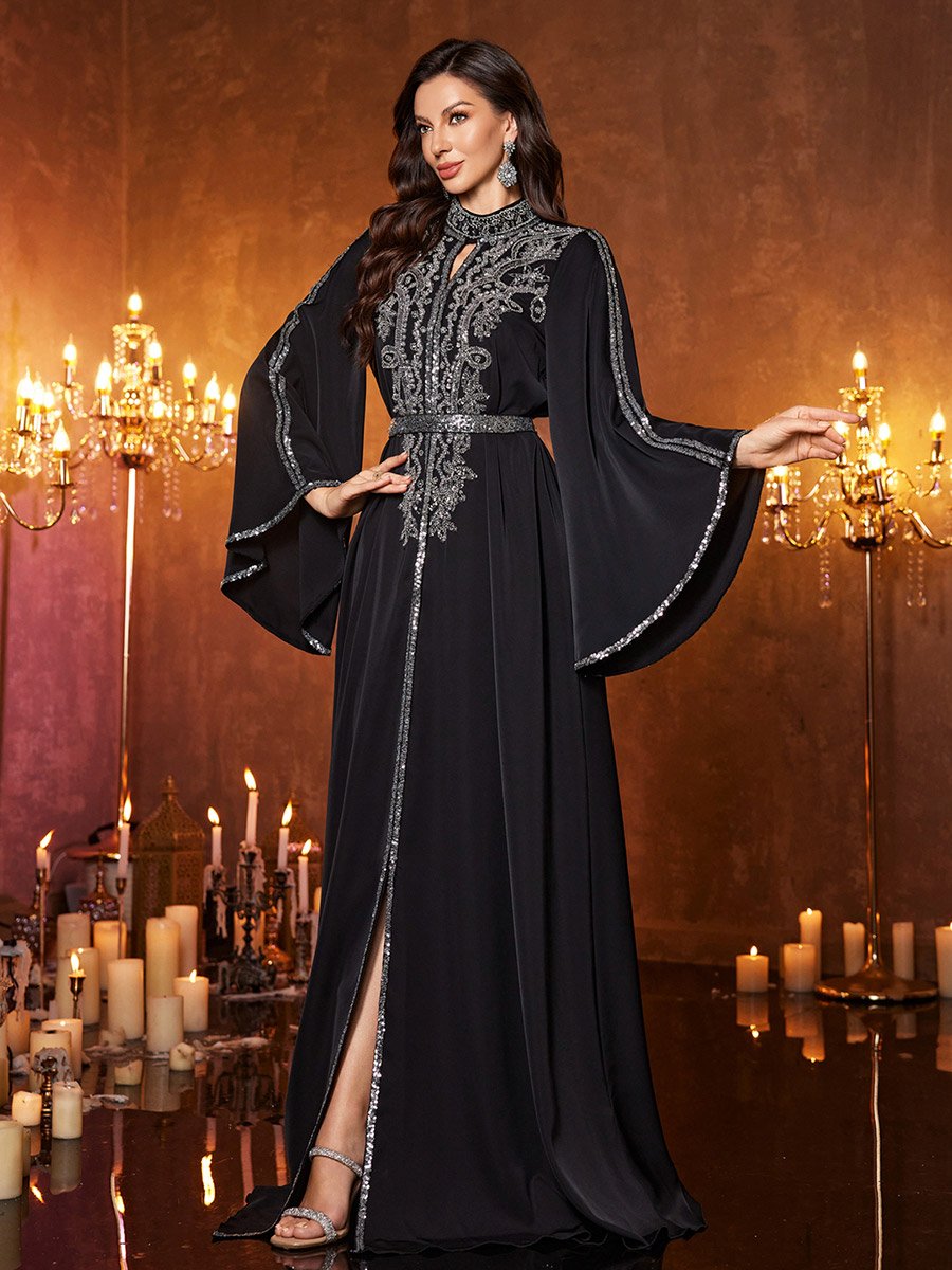 Black Sequin Long Sleeves A-Line Maxi Dress For Women at Kuwait