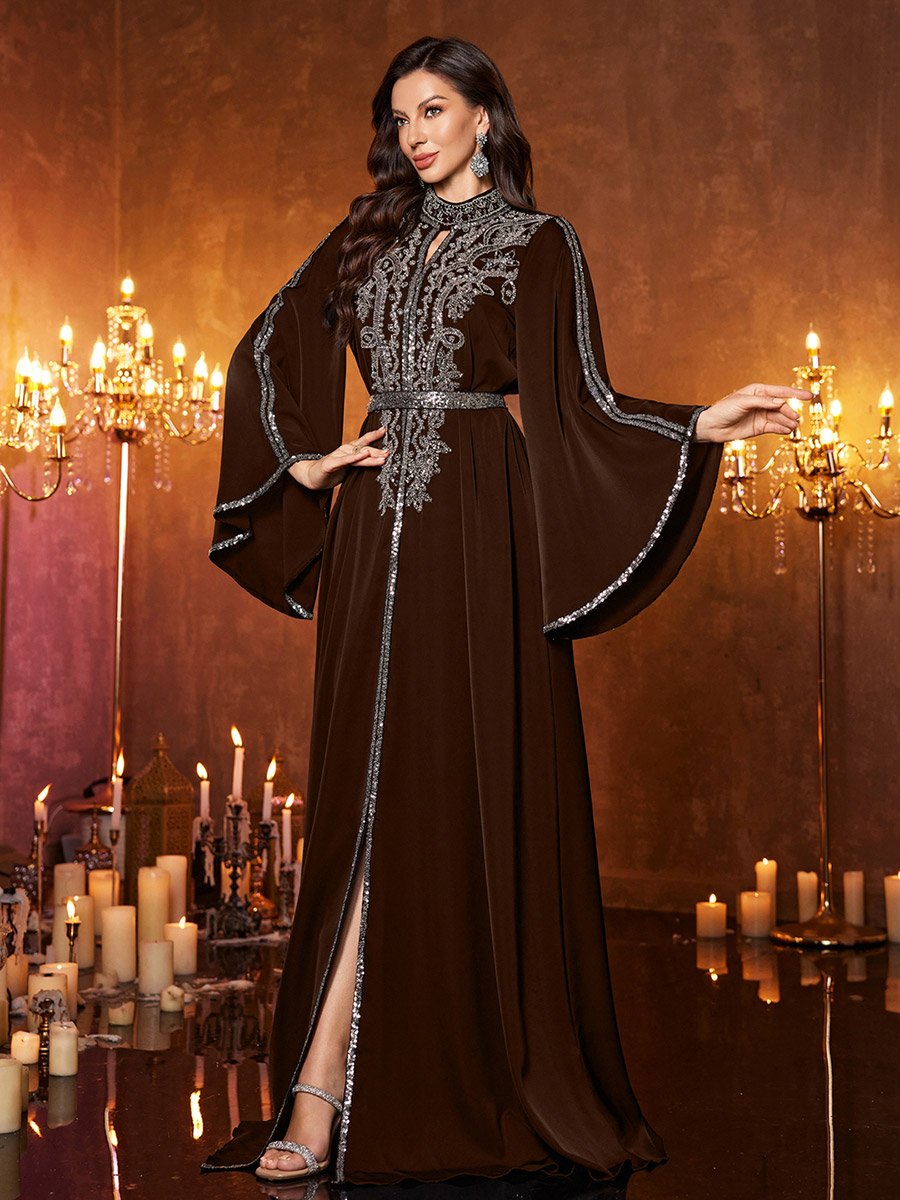 Coffee Brown Sequin Long Sleeves A-Line Maxi Dress