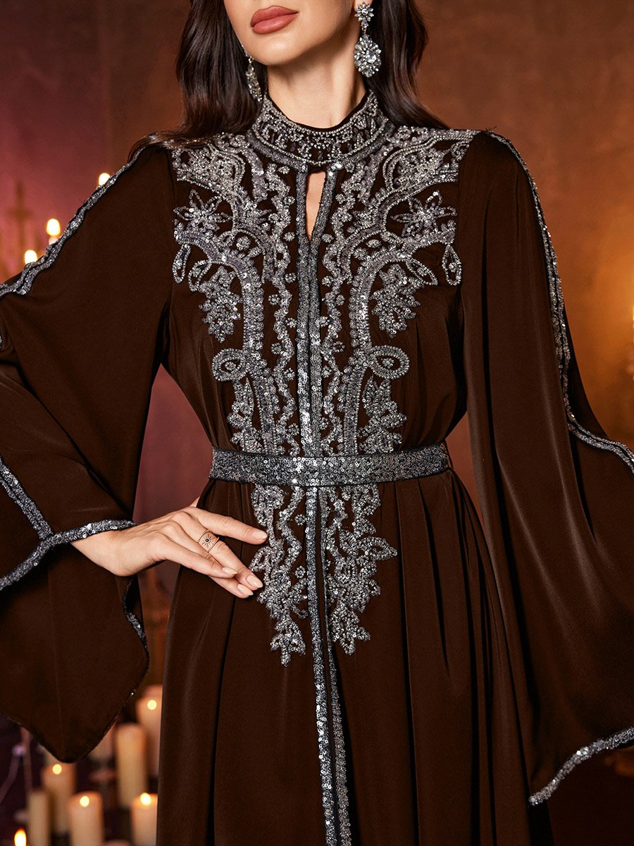 Coffee Brown Sequin Long Sleeves A-Line Maxi Dress