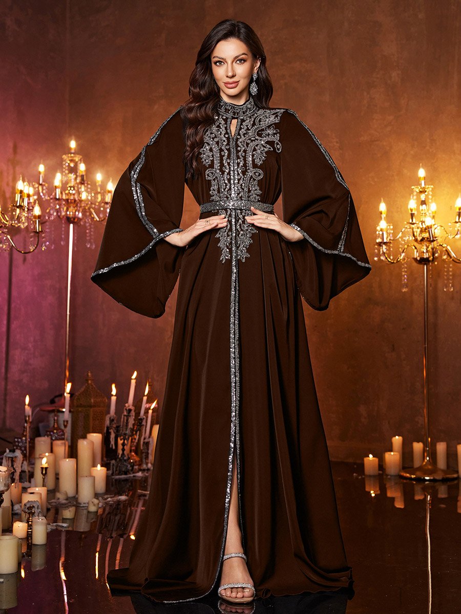 Coffee Brown Sequin Long Sleeves A-Line Maxi Dress