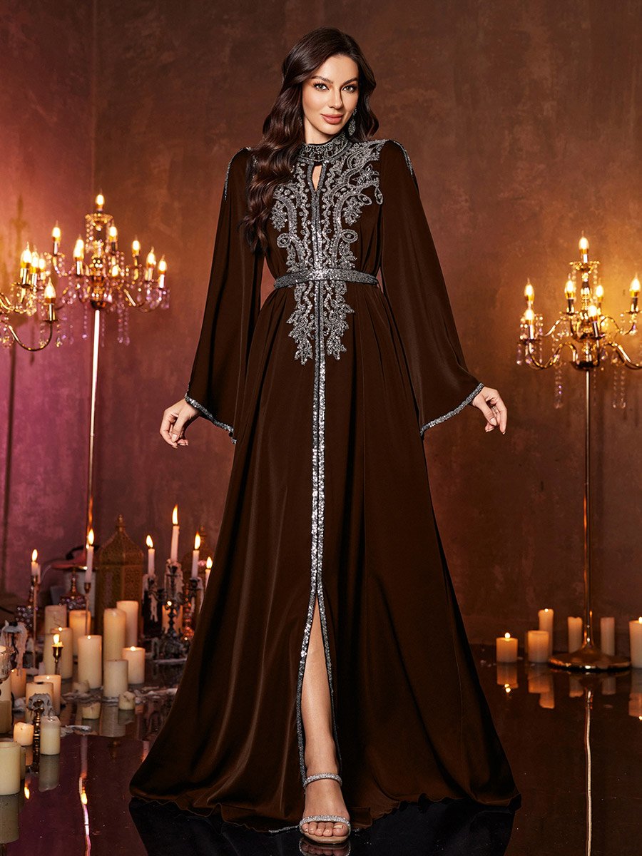 Coffee Brown Sequin Long Sleeves A-Line Maxi Dress