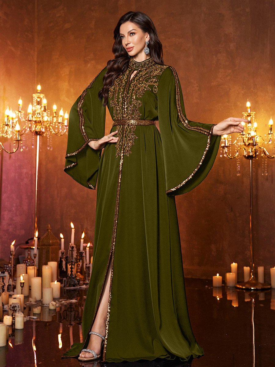 Olive Sequin Long Sleeves A-Line Maxi Dress