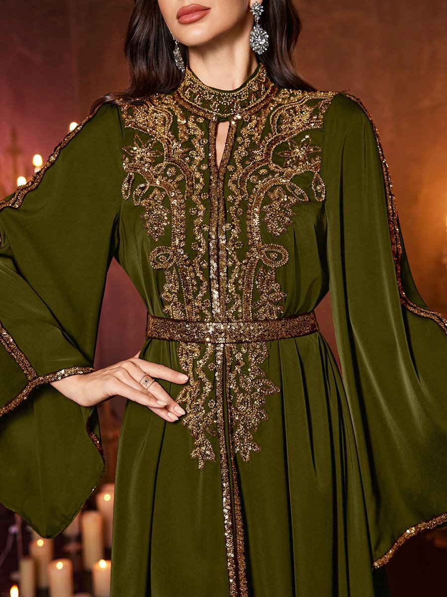Olive Sequin Long Sleeves A-Line Maxi Dress
