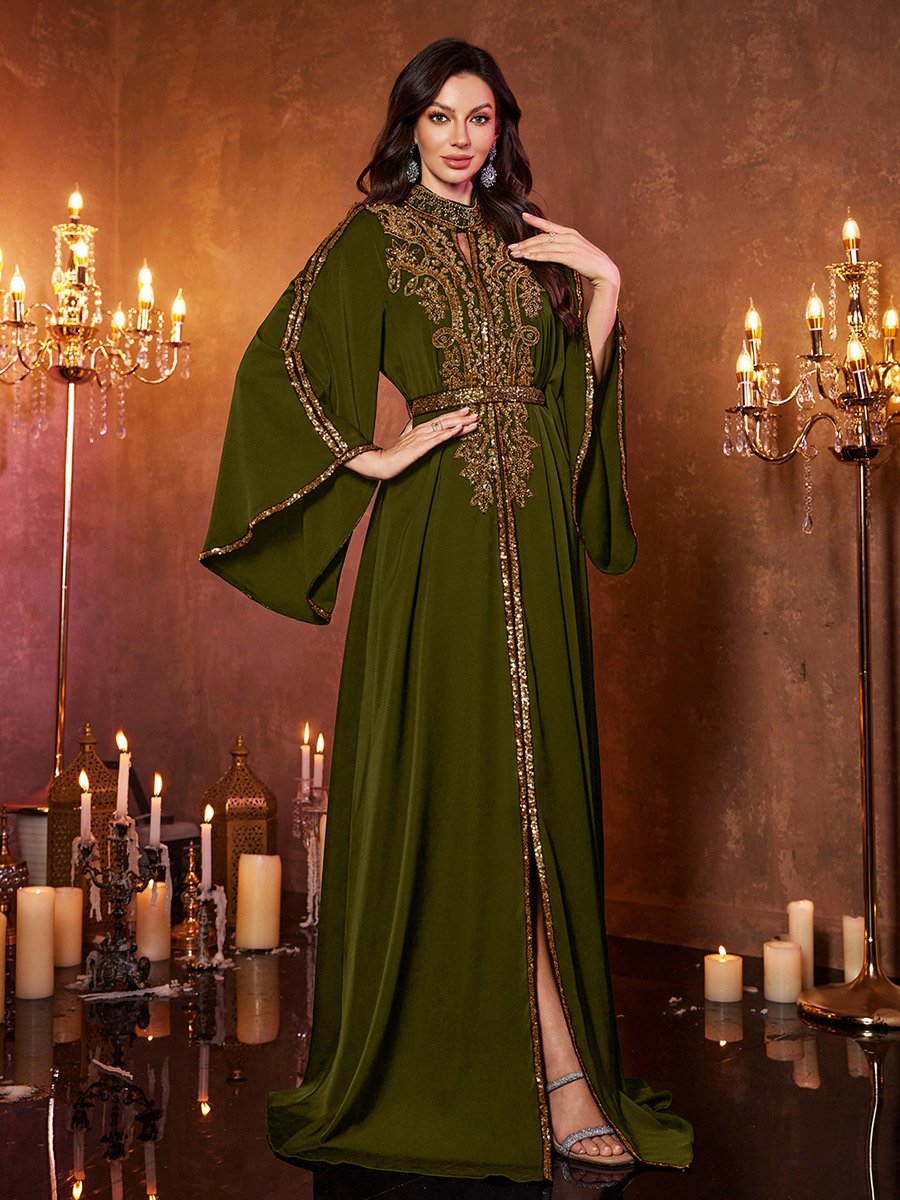 Olive Sequin Long Sleeves A-Line Maxi Dress