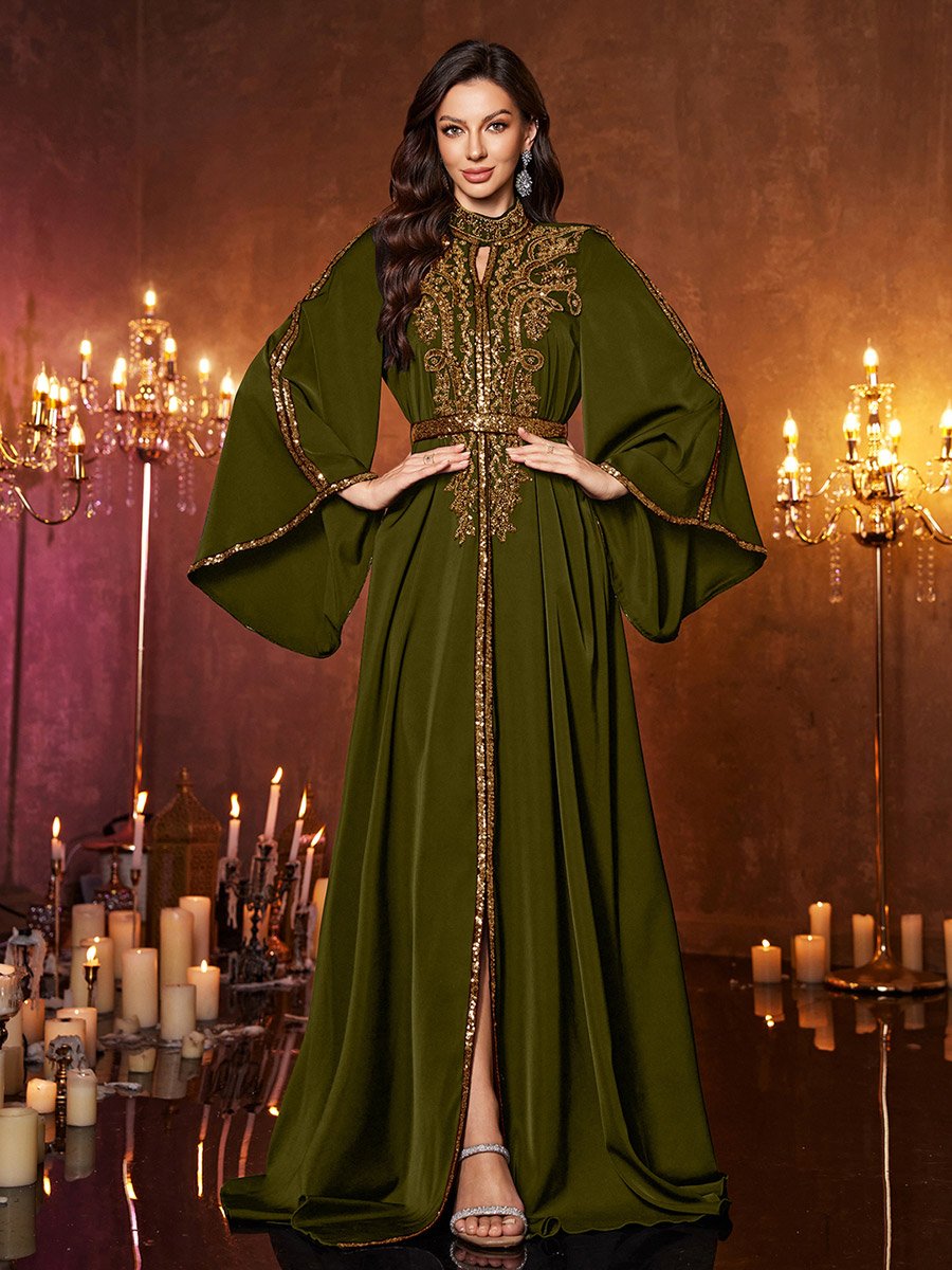 Olive Sequin Long Sleeves A-Line Maxi Dress