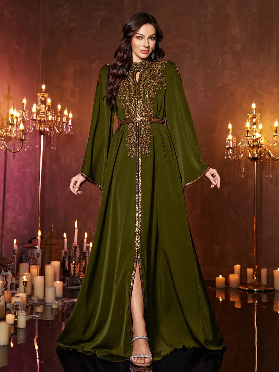 Olive Sequin Long Sleeves A-Line Maxi Dress