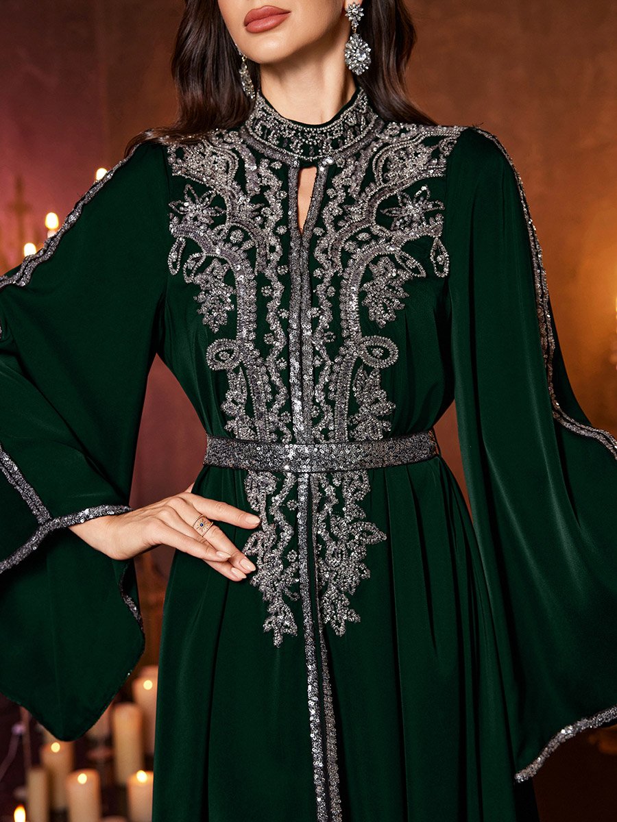 Dark Green Sequin Long Sleeves A-Line Maxi Dress