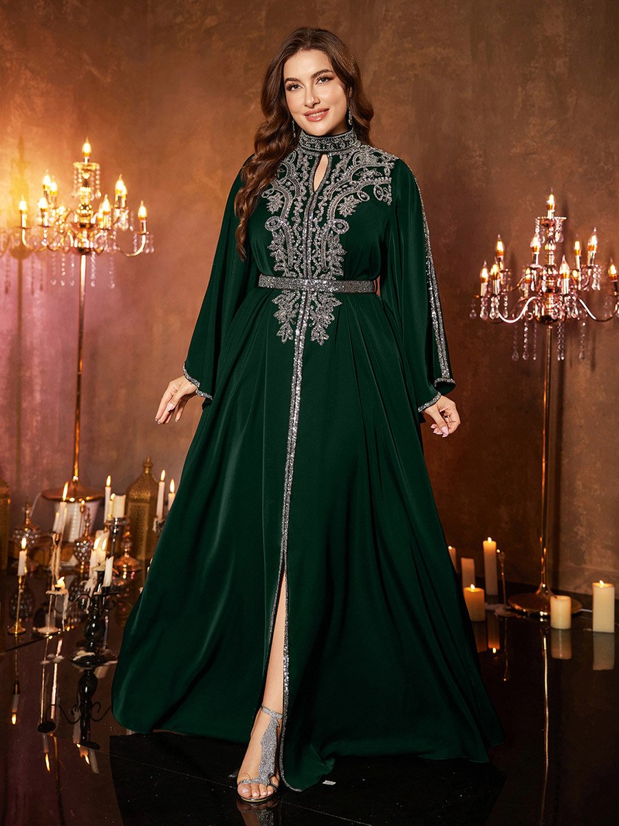 plus size dark green maxi dress Sequin with Bell Sleeves For Women at Kuwait formal plus size green dress