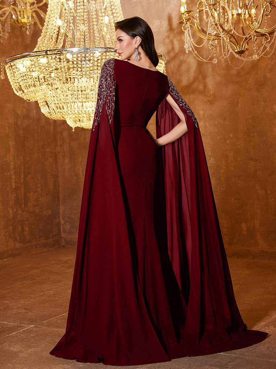 Burgundy Embellished Cape Sleeve Maxi Dress