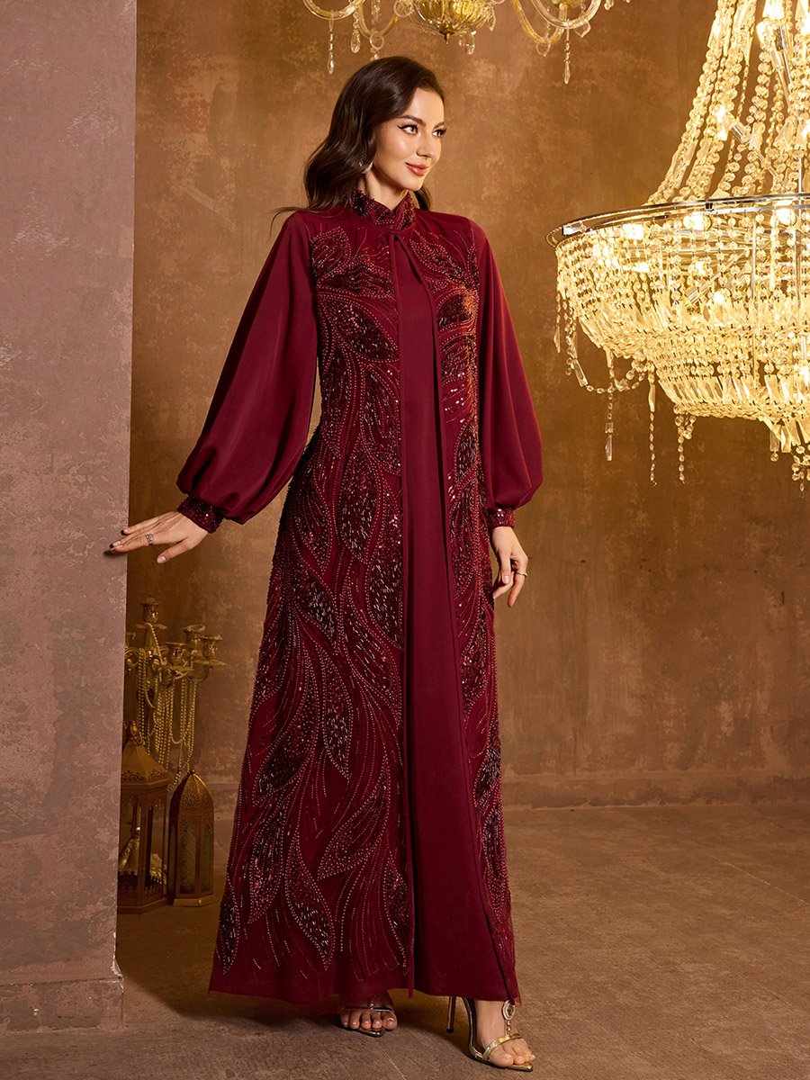Burgundy Embellished Kimono and Maxi Dress Co-ord Set